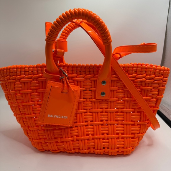 Balenciaga Handbags - NEW Balenciaga Bistro Neon Orange Woven Tote with Top Handles